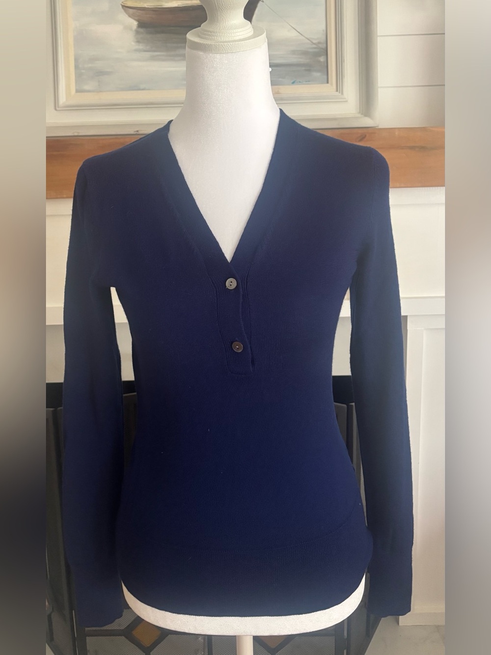 Brooks Brothers Extra Fine Italian Merino Wool V-Neck Henley Sweater Blue XS